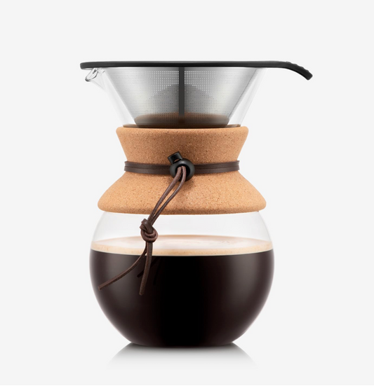 34oz Pour Over Coffee Maker, High-Heat Borosilicate Glass with Reusable Stainless Steel Filter and Cork Grip - Made in Portugal