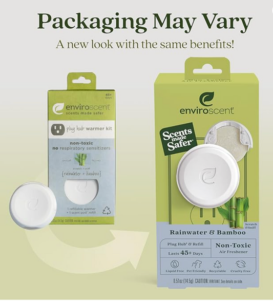 Enviroscent Non Toxic Air Freshener (Rainwater & Bamboo) Plug-in Home Fragrance Last 45+ Days | Kit includes 1 Refillable Plug In Warmer & 1 Scent Refill