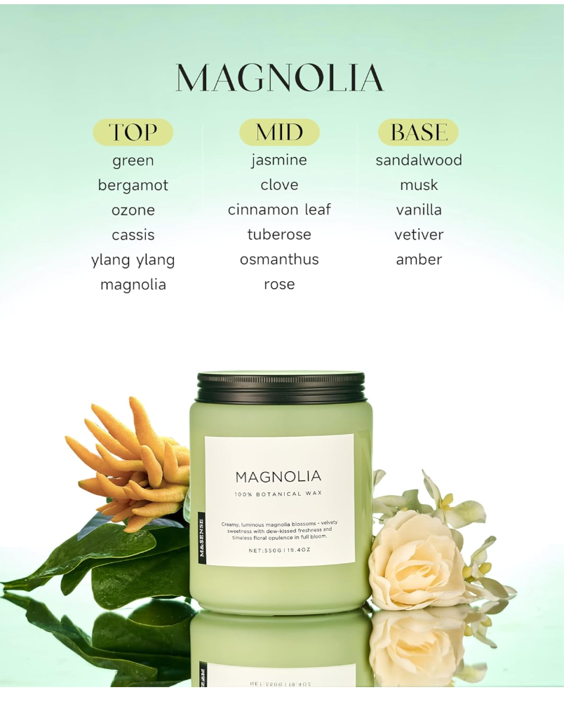 M&SENSE Magnolia Jasmine Romantic Scented Candle, 19.4oz 110 Hours Long Lasting Clean Non Toxic All Natural Soy Wax Candle for Relaxing & Stress Relief, 2 Wick Home Fragrance Gifts for Home Decor