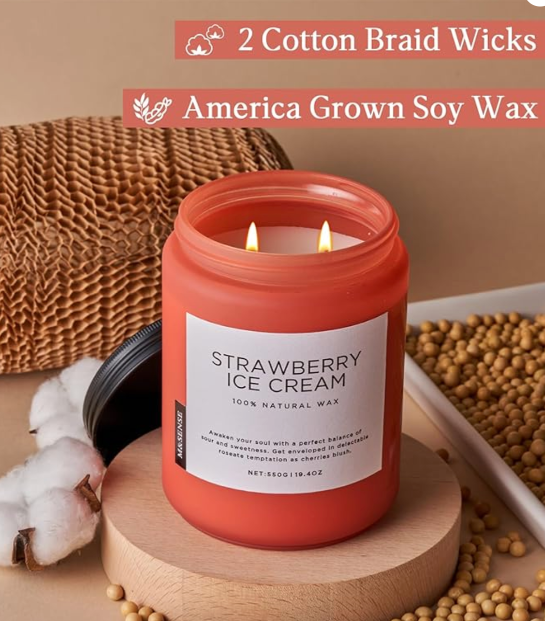 Strawberry Ice Cream Scented Candle, Large 2 Wick 19.4oz Up to 110 Hours Long Lasting